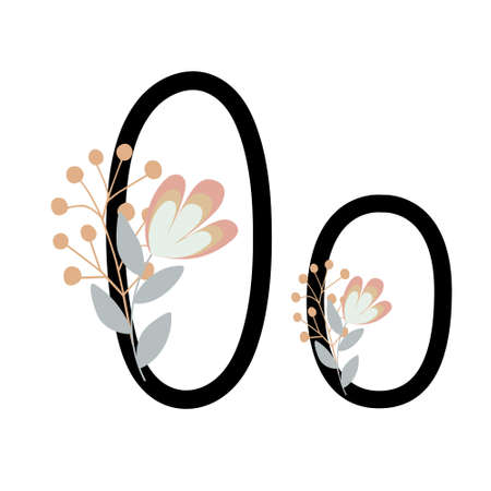 Letter O of English, Latin alphabet uppercase, lowercase decorated with flowers, floral monogram vector illustration in simple boho style, flat pastel colored decorative letteringのイラスト素材