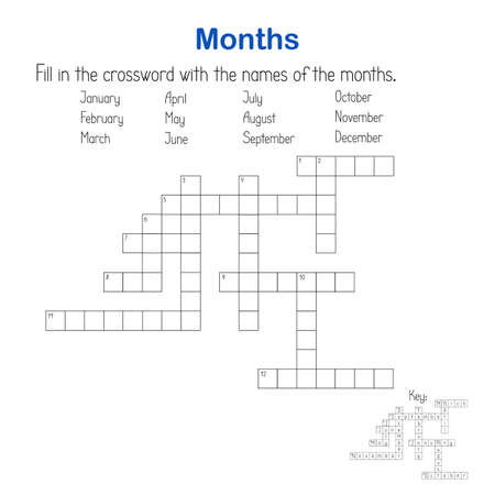 Months in English crossword word search puzzle, seasonal activities vector illustration printable worksheet for kids, educational game, teachers' resourcesのイラスト素材