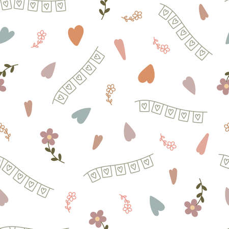 Boho style hearts, flowers seamless pattern simple vector illustration in trendy pastel colors, repeat ornament symbol of love, St Valentine day collection for making cards, textile, gift paperのイラスト素材