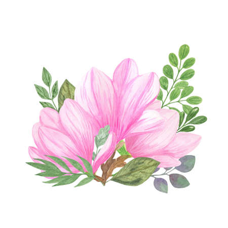 Magnolia flower, green leaves arrangement clipart, floral composition, bouquet with leaves and flowers simple watercolor illustration for greeting card, poster, trendy modern decor ideasの写真素材
