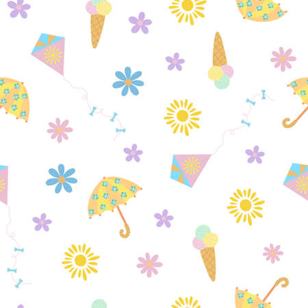 Easter holiday or summer traditional fun flowers, umbrella, sun, kite, ice cream colorful seamless...