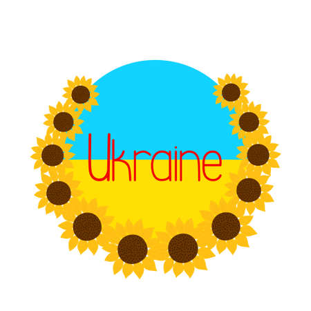 Ukraine symbolic sunflower wreath with the traditional Ukrainian flag colors blue and yellow background, symbol of clear sky and ripe wheat or sunflower fields, support during the hard war periodのイラスト素材