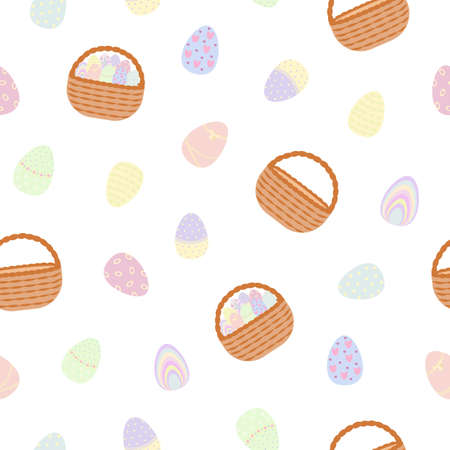 Easter basket with painted eggs, empty basket seamless pattern, simple vector illustration in flat style for spring festive period greeting cards, textile, gift paper, repeat ornamentのイラスト素材