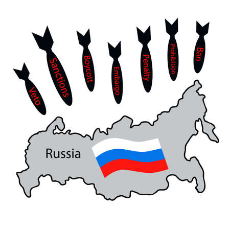 Silhuette of russian map with three-colored flag and bombs falling down symbolizing the effect of sanctions due to russian invasion, war in Ukraine, embargo, sanctions, penalty, boycottのイラスト素材
