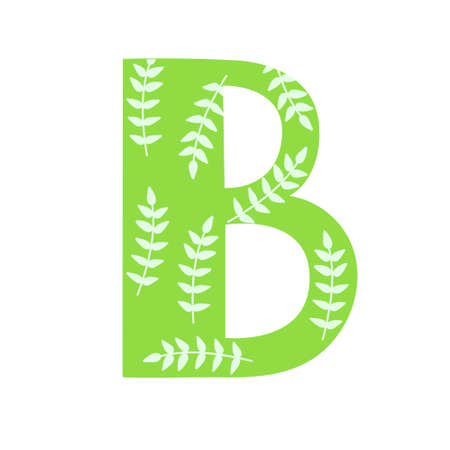 Capital bright green decorated with spring flowers hand drawn letter B of English alphabet simple cartoon style vector illustration, calligraphic abc, cute funny handwriting, doodle and letteringのイラスト素材