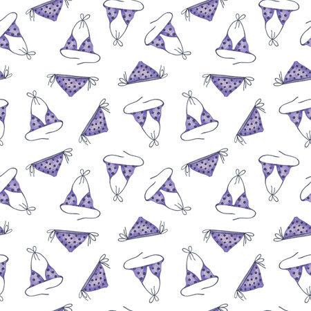 Summer swimming suit seamless pattern watercolor illustration, women's clothes for visiting the beach repeat ornament, bathing suit for summer activitiesのイラスト素材