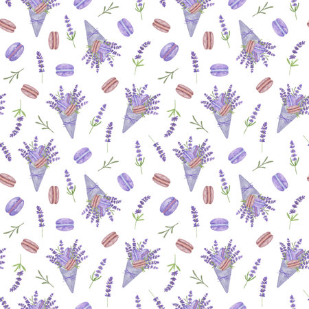 Lavender flowers arrangement with traditional French cookies macaroons seamless pattern, hand drawn watercolor illustration for textile, fabrics, gift paper, menu, home decorのイラスト素材