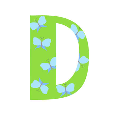 Capital bright green decorated with spring flowers hand drawn letter D of English alphabet simple cartoon style vector illustration, calligraphic abc, cute funny handwriting, doodle and letteringのイラスト素材
