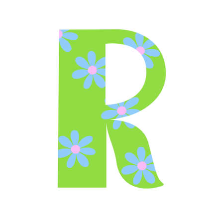 Capital bright green decorated with spring flowers hand drawn letter R of English alphabet simple cartoon style vector illustration, calligraphic abc, cute funny handwriting, doodle and letteringのイラスト素材