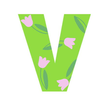 Capital bright green decorated with spring flowers hand drawn letter V of English alphabet simple cartoon style vector illustration, calligraphic abc, cute funny handwriting, doodle and letteringのイラスト素材