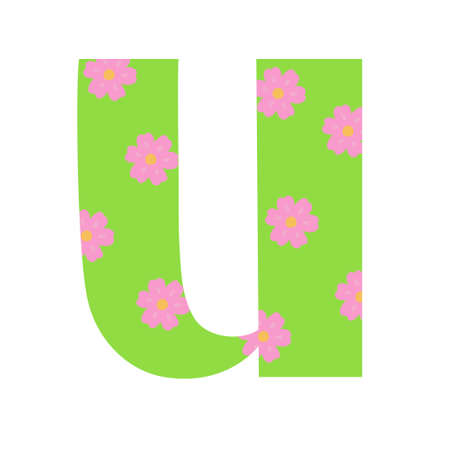 Capital bright green decorated with spring flowers hand drawn letter U of English alphabet simple cartoon style vector illustration, calligraphic abc, cute funny handwriting, doodle and letteringのイラスト素材