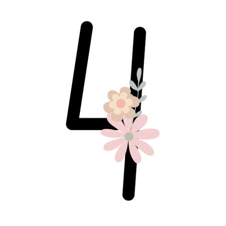 Number four decorated with flowers, floral monogram vector illustration in simple boho style, flat pastel colored decorative lettering collectionのイラスト素材