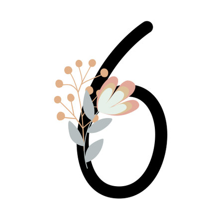 Number six decorated with flowers, floral monogram vector illustration in simple boho style, flat pastel colored decorative lettering collectionのイラスト素材