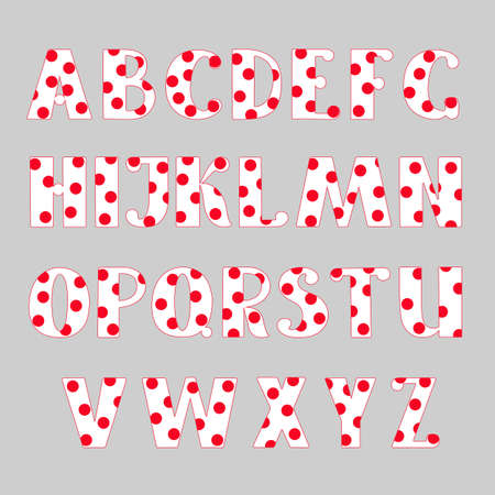 Capital white decorated with red polka dot hand drawn letters of English alphabet simple cartoon style vector illustration, calligraphic abc, cute funny handwriting, doodle and letteringのイラスト素材