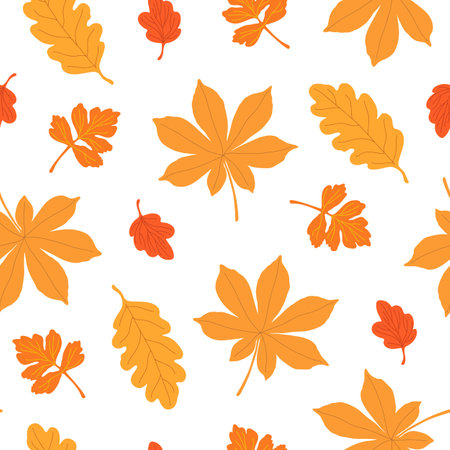 Autumn leaves seamless pattern, simple vector minimalist concept flat style illustration, orange hand drawn natural floral ornament for invitations, textile, gift paper, autumn holiday decorのイラスト素材