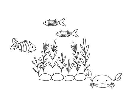 Outline underwater seaweed, cute crab and swimming fish vector illustration composition, marine life composition for coloring page, kids leisure activity, aquarium flora cartoon imageのイラスト素材