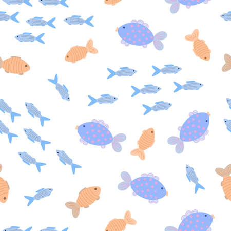 Cute fish sea or river creatures seamless pattern simple flat style doodle vector illustration, underwater cartoon marine life repeat ornament for textile, nursery room decor, home designのイラスト素材