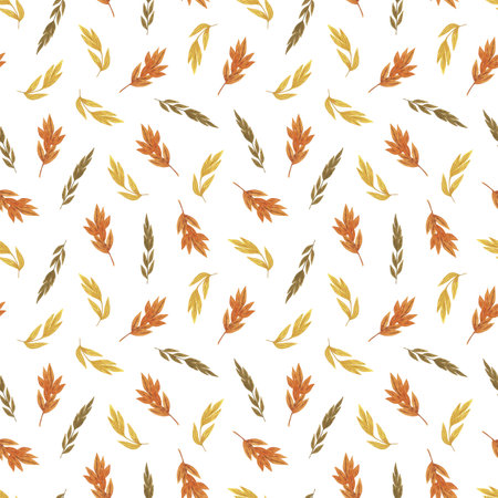 Orange, yellow, brown autumn leaves simple repeat pattern watercolor seasonal seamless ornament for textile, gift paper, invitations any holiday thanksgiving design, vintage romantic hand drawn styleの写真素材