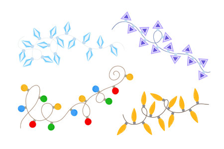 Christmas colorful multicolored lights curly string garland set simple doodle hand drawn vector illustration, flat style image for winter New Year holiday, birthday events designのイラスト素材