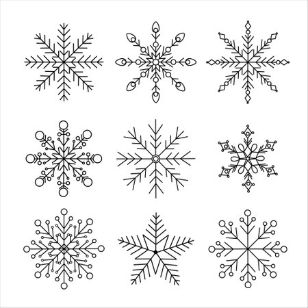 Snowflakes Christmas set simple doodle linear hand drawn vector illustration, winter holidays New Year elements for seasons greetings cards, invitations, banner, poster, stickersのイラスト素材