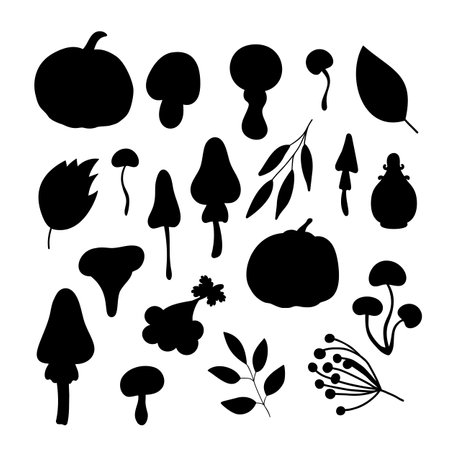 Autumn plants leaves and berries set, hand drawn doodle celebration decor for seasonal, Thanksgiving, Halloween festive mood decoration and family gatherings, simple silhouette, minimalist conceptのイラスト素材