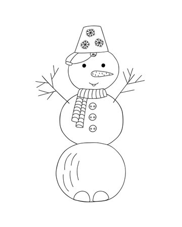 Snowman with bucket, carrot nose, buttons, scarf cute outline doodle vector illustration for kids, funny little man, outdoor activity in winter, symbol of holiday timeのイラスト素材