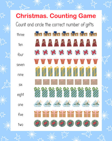 How many gifts counting educational game for kids Christmas topical vocabulary vector illustration, educational puzzle, printable worksheet for leisure or study game, teachers resourcesのイラスト素材