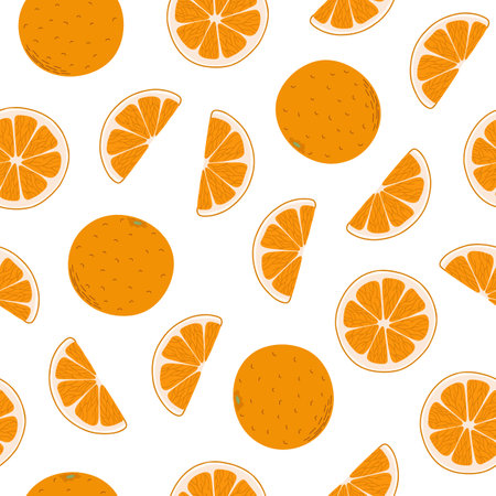 Orange fruit seamless pattern cartoon flat style vector illustration food collection, hand drawn repeat ornament, slices and entire citrus dessert, healthy vitamin diet, for textile, gift paper decorのイラスト素材