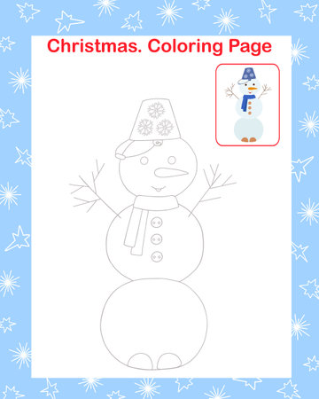 Snowman little cute character simple outline cartoon coloring page vector illustration, winter holiday Christmas, New Year printable educational or leisure game, activity worksheet, teacher resourcesのイラスト素材