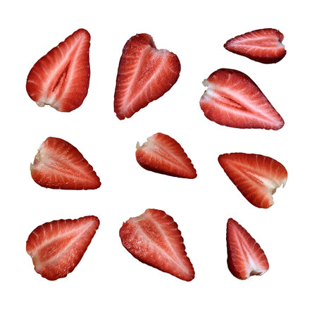 Strawberry half-cut isolated berries set, fresh sweet delicious summer fruit full of vitamins, food dessert, clipping path, side viewの写真素材