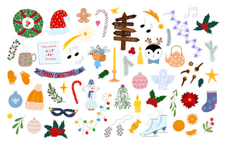 Christmas colorful elements set holly plant, skates, snowman, candle, orange, stars, garland, decoration in simple cartoon style for winter holidays greeting card, invitation, banner, decor, stickersのイラスト素材