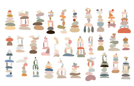 Zen stones cairns set simple abstract flat style vector illustration, relax, meditation and yoga concept, boho colors stone pyramid for making banners, posters, cards, prints, wall artのイラスト素材