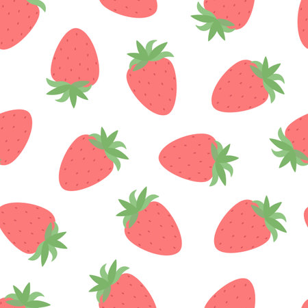 Strawberry fruit simple doodle cartoon seamless pattern vector illustration, hand drawn repeat ornament design element for seasonal summer decor, card, invitation, fresh healthy food diet conceptのイラスト素材