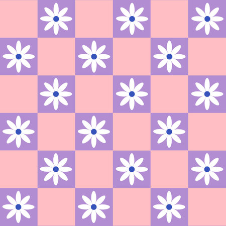 Groovy fancy daisy flower geometry pattern in 60s,70s,80s style, floral checkered background vector...
