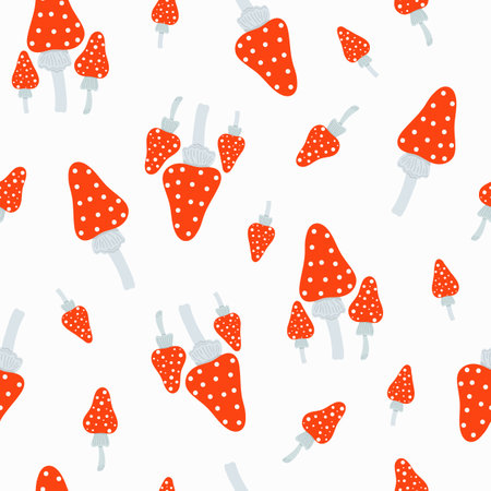 Mushroom red with white dots seamless pattern, fly agaric seasonal Halloween vector illustration of inedible witch mushrooms autumn holidays simple minimalist hand drawn repeat ornamentのイラスト素材