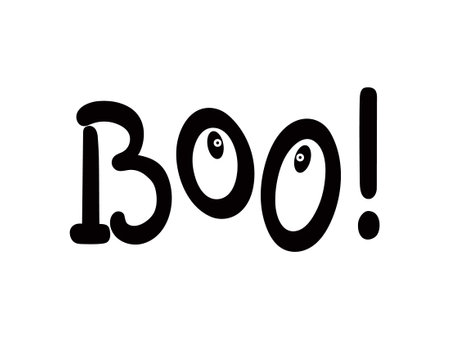 Boo Traditional Halloween scary phrase with cute eyes holiday design element quote for poster, greeting card, invitation, cartoon style handwritten word, cute lettering for kidsのイラスト素材