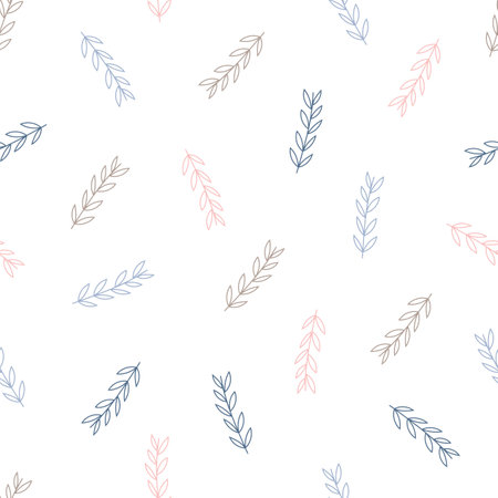 Bohemian style fancy plant branch seamless pattern, simple cartoon vector illustration, repeat ornament in tender trendy pastel color for children, nursery decor, poster, textile, gift paperのイラスト素材