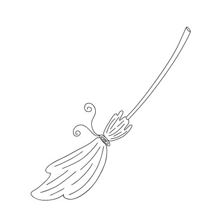 Witch magic broom hand drawn outline vector illustration, Halloween party design element, old witchcraft tool for holiday, cleaning household appliance, holiday celebration symbolのイラスト素材