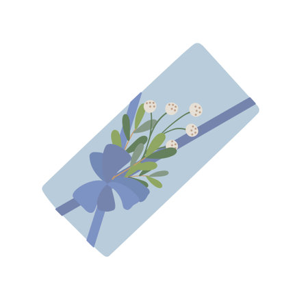 Christmas gift box with ribbon and bow vector illustration, Merry Christmas and Happy New Year festive traditional winter holiday decor, ornament for poster, greeting card, stickerのイラスト素材