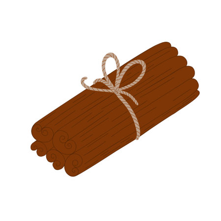 Cinnamon sticks spice bound with ribbon and bow simple cartoon doodle vector illustration, Christmas, New Year festive holiday home decor, seasonal greeting card, invitation, bannerのイラスト素材