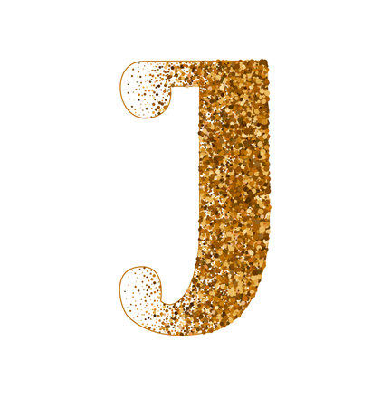Letter J of Latin alphabet decorated with sand effect stipple texture vector illustration, round confetti dots grunge pattern, speckled chaotic particles, geometric image, golden chaotic dots abcのイラスト素材
