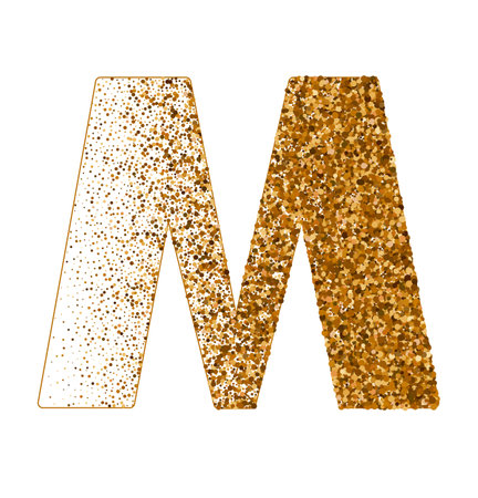 Letter M of Latin alphabet decorated with sand effect stipple texture vector illustration, round confetti dots grunge pattern, speckled chaotic particles, geometric image, golden chaotic dots abcのイラスト素材