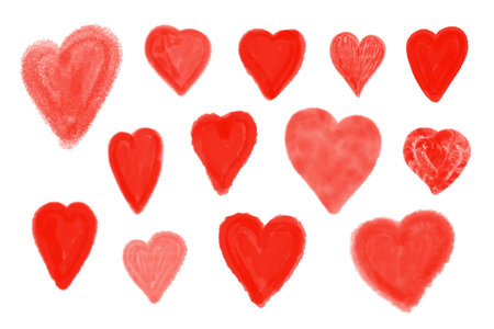 Red hearts set digital watercolor hand drawn illustration, symbol of love of different sizes simple ornament for St Valentine holiday celebrations, textile, banner, invitations, festive decorの写真素材