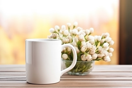 White mug with white flowers on a wooden table in the room, front view mock upの素材