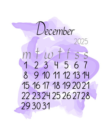Calendar monthly template for December 2025 in simple minimalist style vertical portrait orientation, abstract colorful shapeless background, week starts on Monday, vector printable pageのイラスト素材