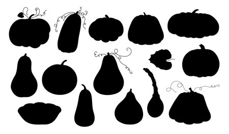 Pumpkins silhouettes set hand drawn doodle vector illustration for seasonal home or party decor, Thanksgiving or Halloween holiday design element, minimalist concept, autumn holiday celebrationのイラスト素材