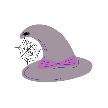 Witch hat with spider and cobweb festive clothes, cute fancy magic accessory hand drawn doodle simple illustration, clipart for Halloween party decoration, cartoon spooky character headwearのイラスト素材