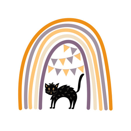 Halloween rainbow and witch black cat, simple hand drawn silhouette illustration in trendy pastel colors, minimalist concept perfect for celebration decor, cards, banners, posters, textile, papercraftのイラスト素材