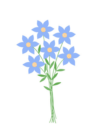 Fancy blue flowers bouquet, simple hand drawn illustration, spring garden plant with stem leaves, cartoon design element, Easter holidays celebration clipart for cards, banner, springtime decorationのイラスト素材