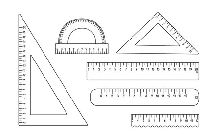 School rulers set, triangular, protractor measuring instrument for maths lessons hand drawn outline vector illustration, back to school vocabulary object, centimetre scale doodle linear imageのイラスト素材